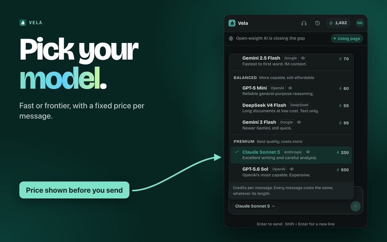 Vela's model picker showing fixed credit prices